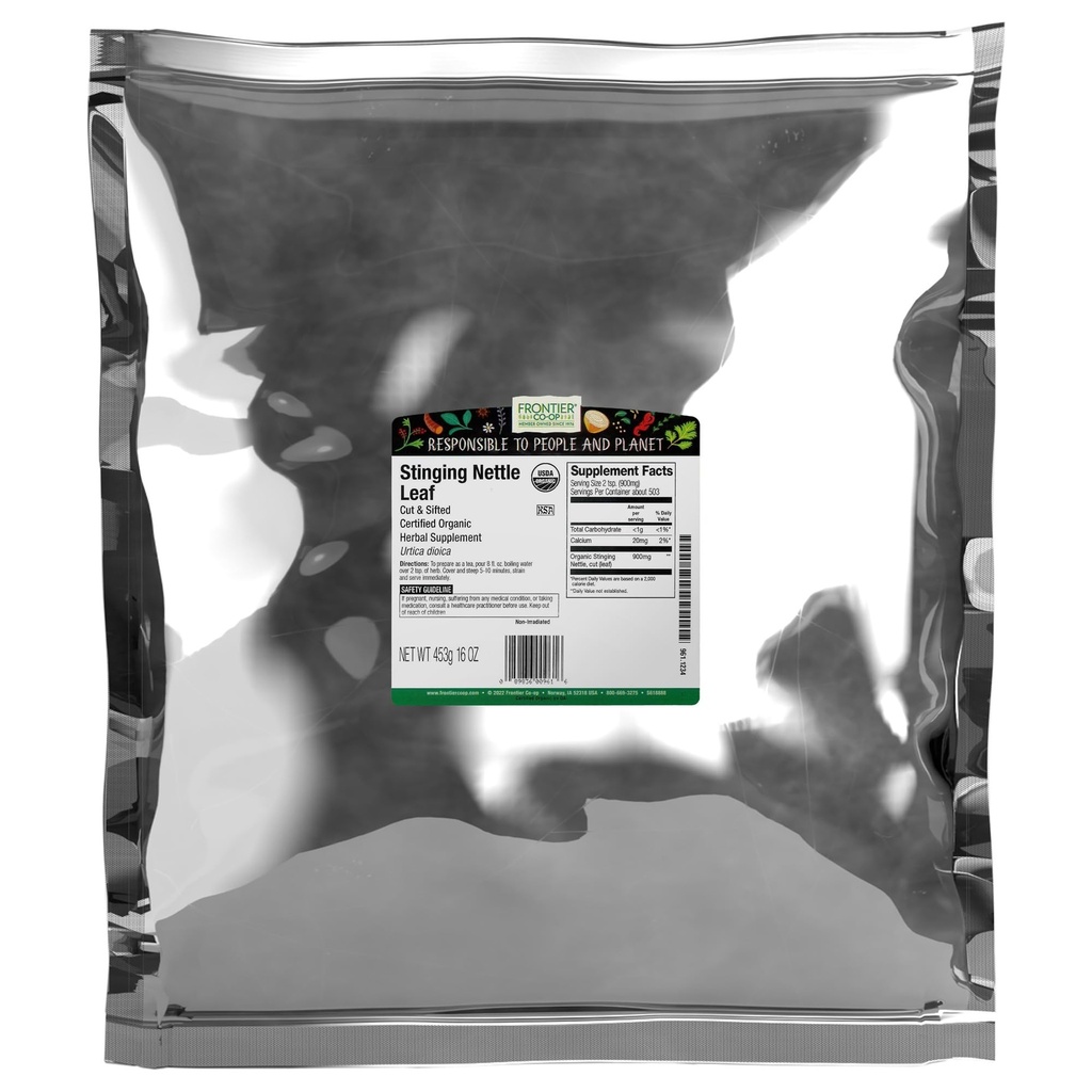 Frontier Co-op Organic Sting Nettle Leaf, Cut and Sifted, For Making Nettle Tea, Kosher ← 16 Ounce (Pack of 1)