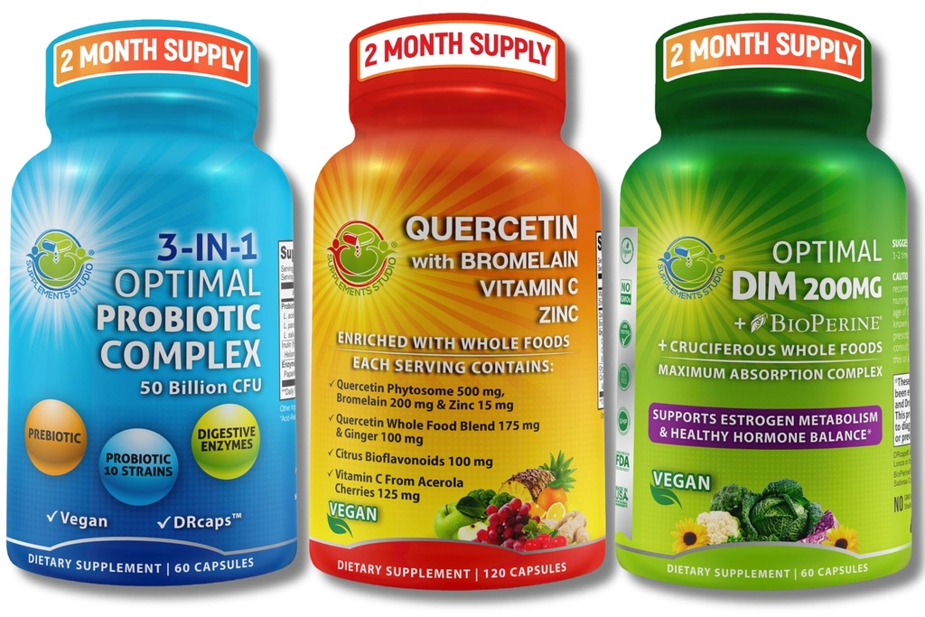 Vegan Hormonal, Immune & Gut Health Support Bundle – Quercetin 500mg con Bromelain, Zinc &amp; Vitamina C + DIM 200mg con BioPerine® + 3-in-1 Probiotic 50 Billion CFU con Enzimas Digestivos & Prebióticos