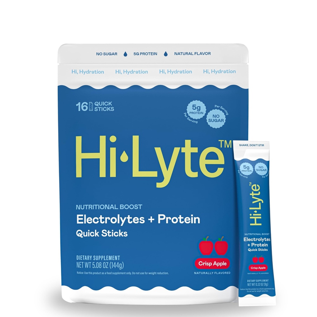 Hi-Lyte Electrolytes + Protein Quick Sticks Crisp Apple, 16 Servings - Sodium, Potasio, Whey Protein - Keto Friendly - 5g Protein, No Sugar