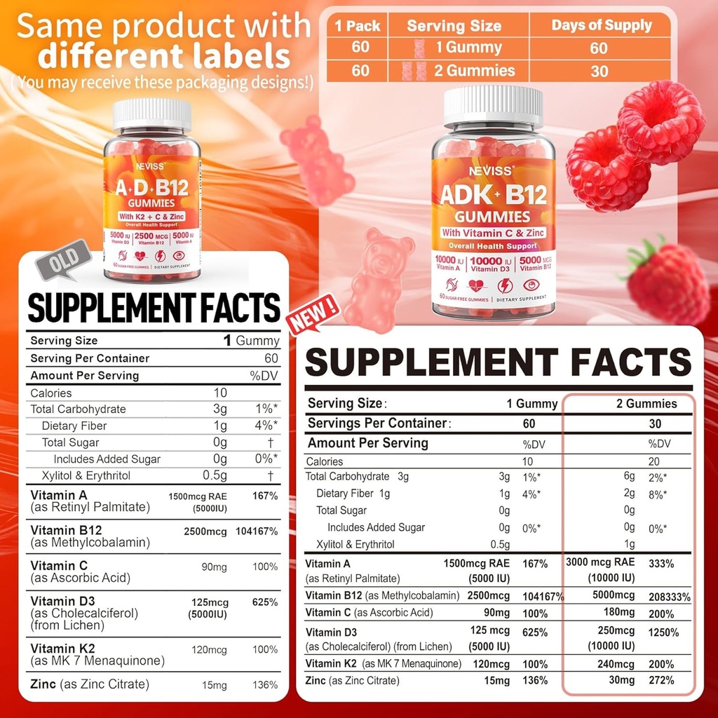 NEVISS 2Pack Vitamina ADK con B12 Gummies + 1Pack Glucosamina