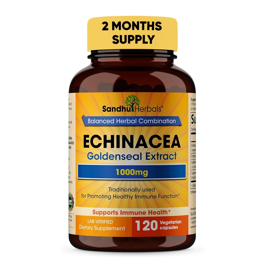 SANDHUHERBALS Sandhu Herbals Echinacea Goldenseal 1000 Mg 120 Capsules  Immune System Support Respiratory Response Suplemento