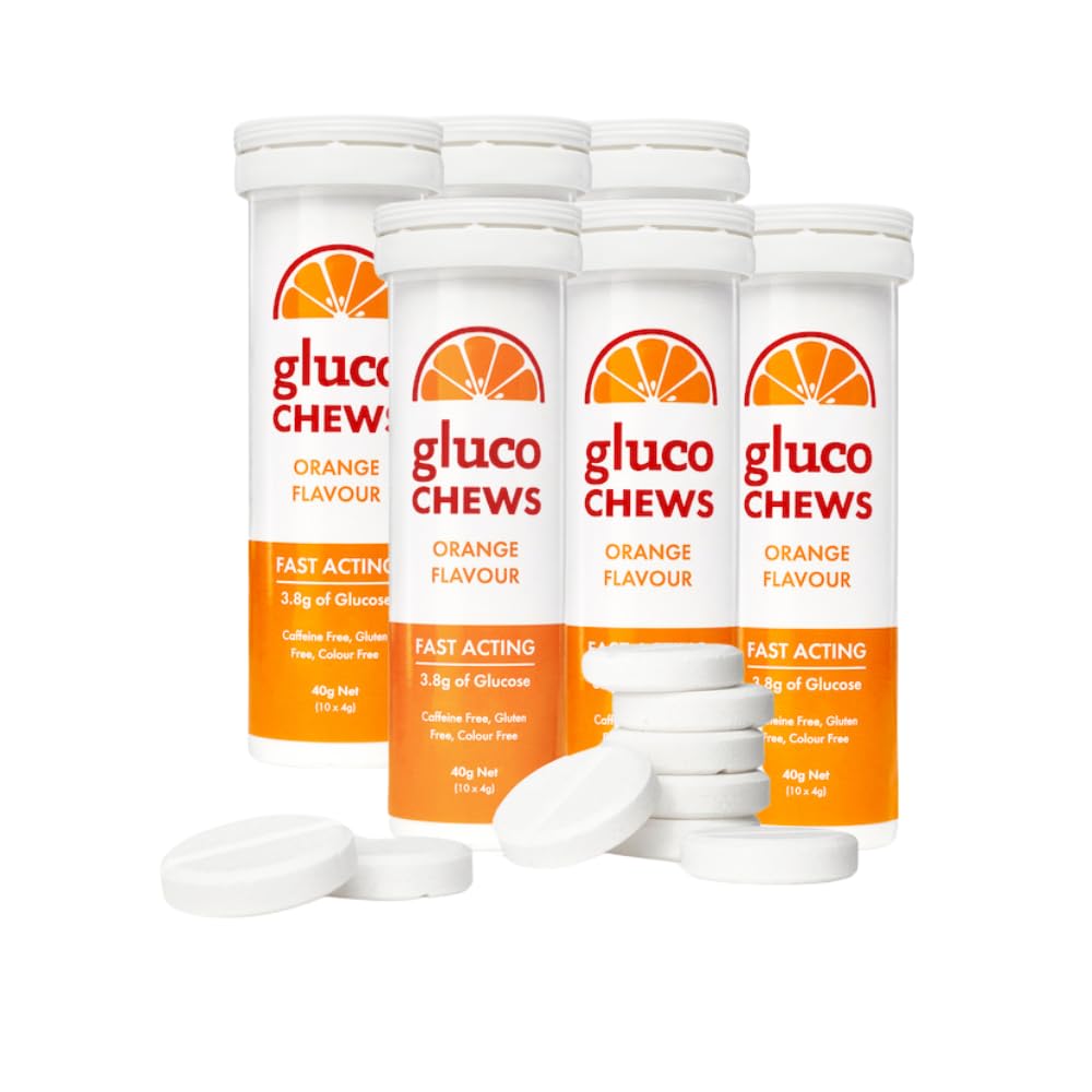 Glucochews Naranja Glucose Tablets – 60 Tabletas (10 por tubo, 6 Tubos tamaño bolsillo) – 3.8g Glucose de acción rápida Cada uno – Boost Energy & Blood Sugar – Sin gluten, sin grasa, sin cafeína