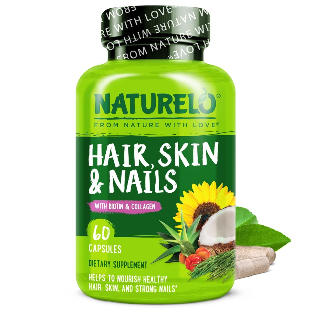 NATURELO Hair, Skin and Nails Multivitamin - 5000 mcg Biotina, Collagen, Vitamina Natural E - Suplemento para la piel sana, Crecimiento del cabello para mujeres y hombres 60 cápsulas