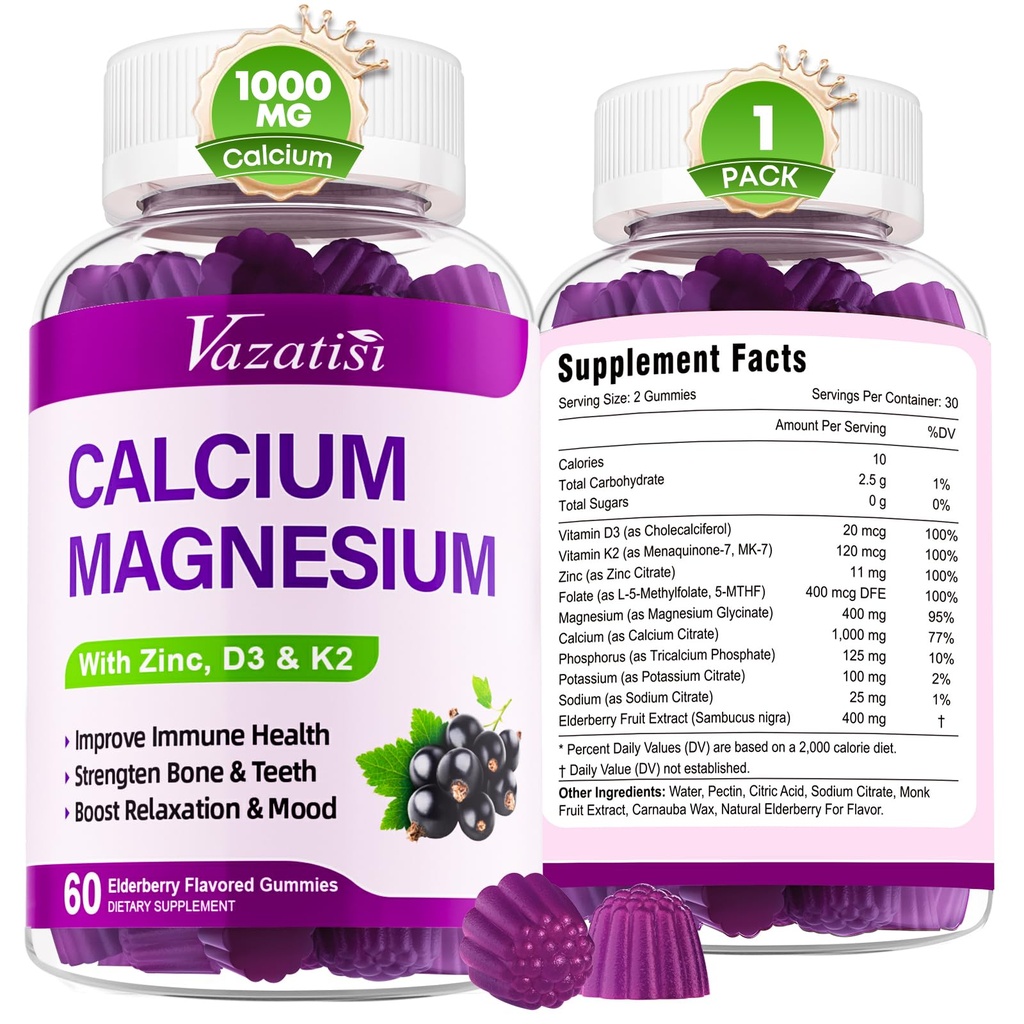 Calcio Magnesio Zinc Gummies con vitamina D3 y K2, Gran Absorción Magnesio Glycinate Potasio para Immune y Muscles, Vegan Elderberry Flavor 60 Gummies
