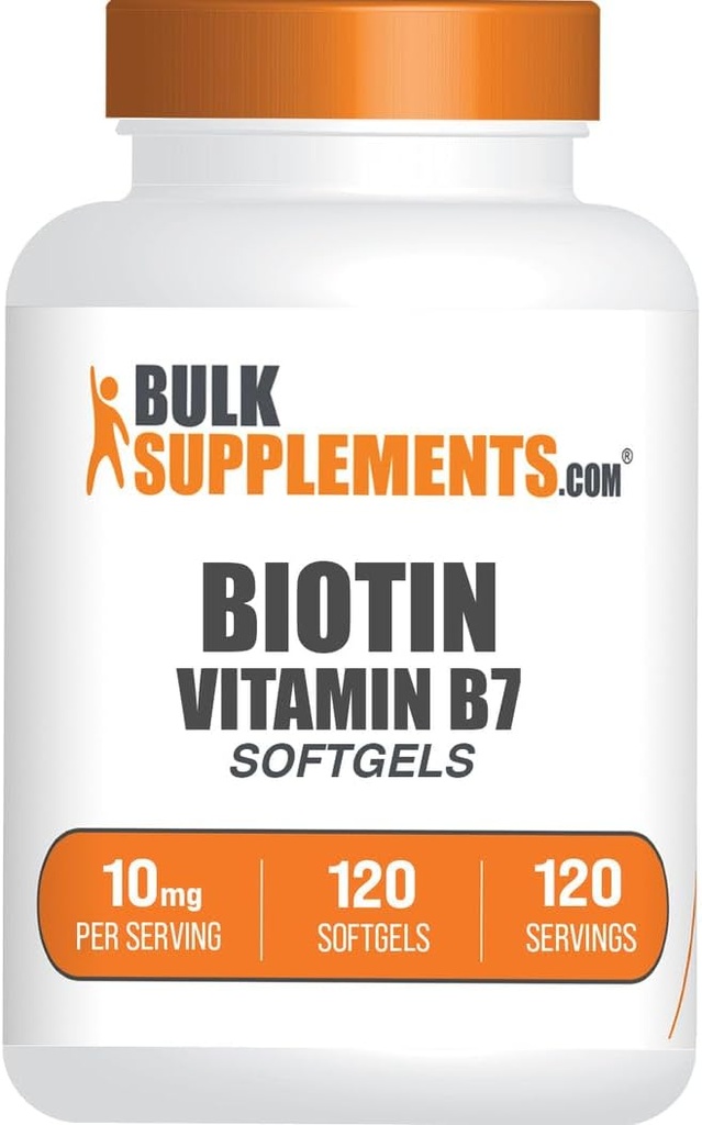 BulkSupplements.com Biotin 10000mcg Softgels - Vitamina B7, Vitaminas de Biotina para el cabello, la piel y las uñas, Suplemento de Biotina - Gluten Gratis, 1 Softgel por Serving, 120 Conde (Pack of 1)