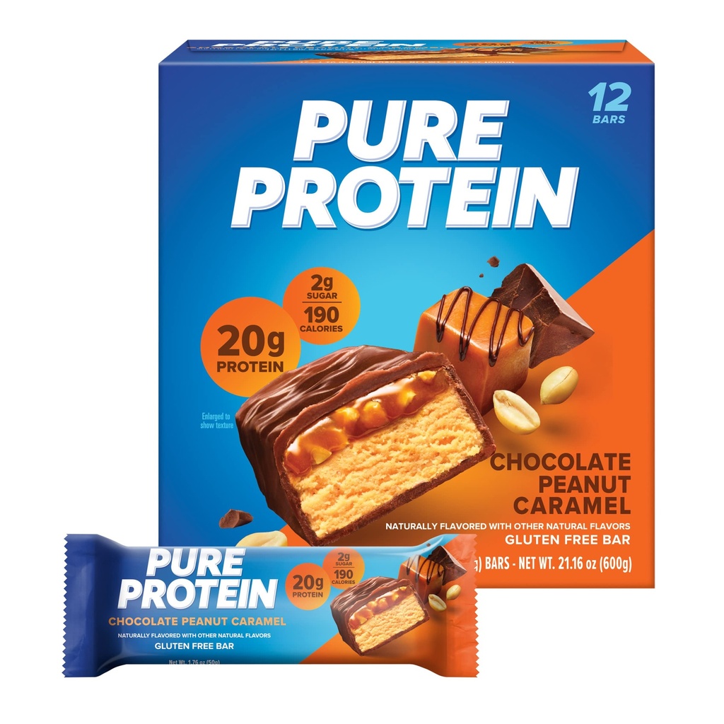 Barras de proteína puras, alta proteína, nutritious Snacks to Support Energy, bajo azúcar, libre de gluten, caramelo de maní de chocolate, 1,76oz, 12 conde (Packaging May Vary)