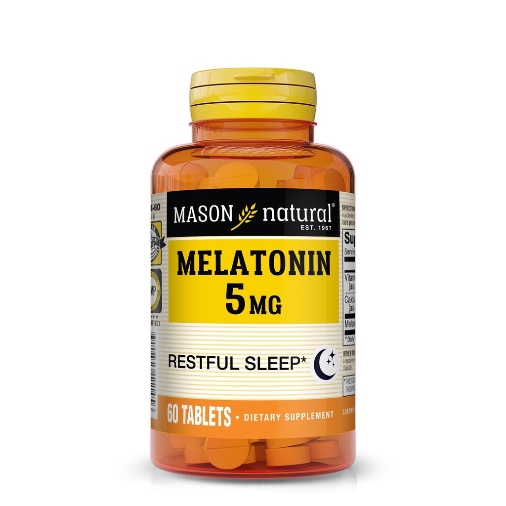 Mason Melatonina natural 5 mg con B6 &amp; Calcio, Ayuda natural al sueño, soporta sueño reparador, 60 tabletas