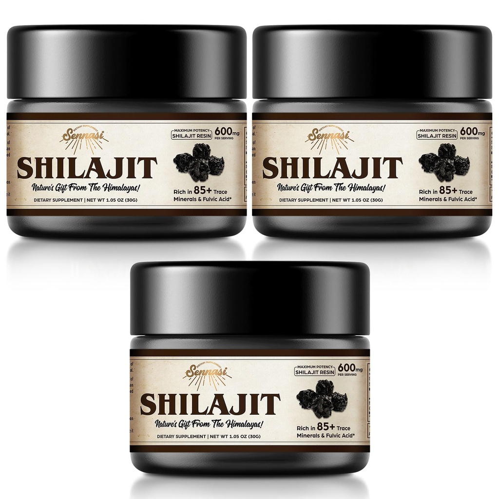 Shilajit Puro Himalayan Orgánica Shilajit Resin - 600mg Máxima Potencia Natural Shilajit Resin con 85+ Minerales Trace & Ácido Fulvico para la Energía, Apoyo Inmunitario, 30 Gramos (3 Pack)