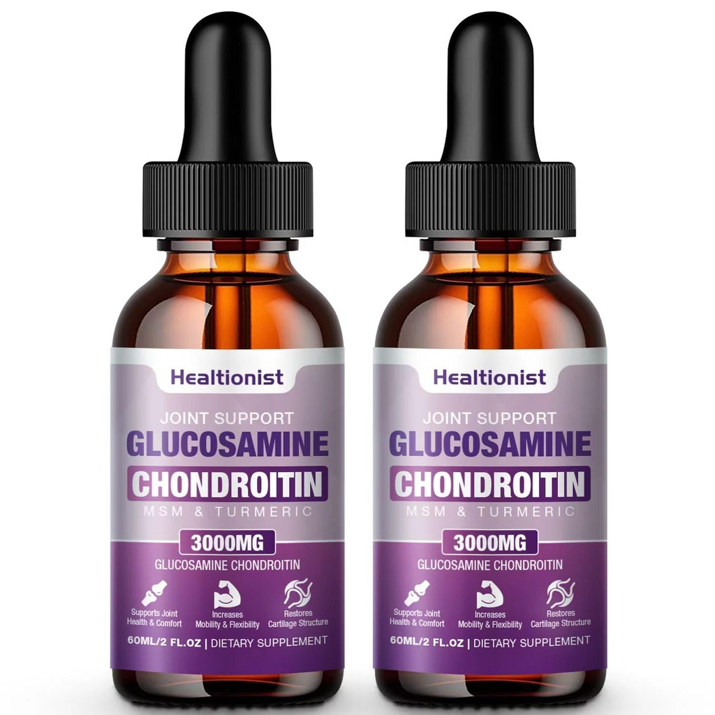 2 Pack Glucosamine Chondroitin MSM Liquid Drops, Extra Strength Joint Support Supplement for Adults Men &amp; Women, Quercetin Boswelia, Bromelain, Antioxidant Immune Support (4 Fl oz)