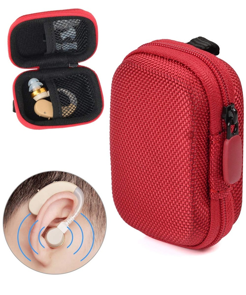 Caso de protección diseñado para ayuda auditiva, amplificador auditivo, amplificador de sonido personal, dispositivo de escucha, dispositivo de escucha, caja fuerte con bolsillo de malla, diseño universal