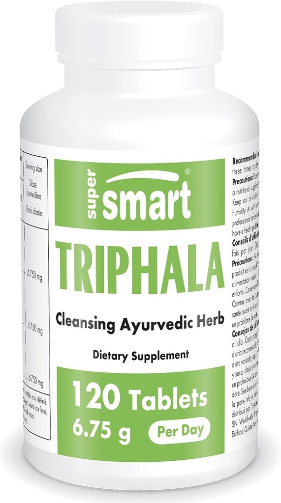 Supersmart - Triphala 6.75 g Por Serving - con Amla, Behada & Harada - Limpiador Interno para la Digestión - Suplemento Detox Natural Silencioso No GMO &amp; Gluten Libre - 120 cápsulas vegetarianas