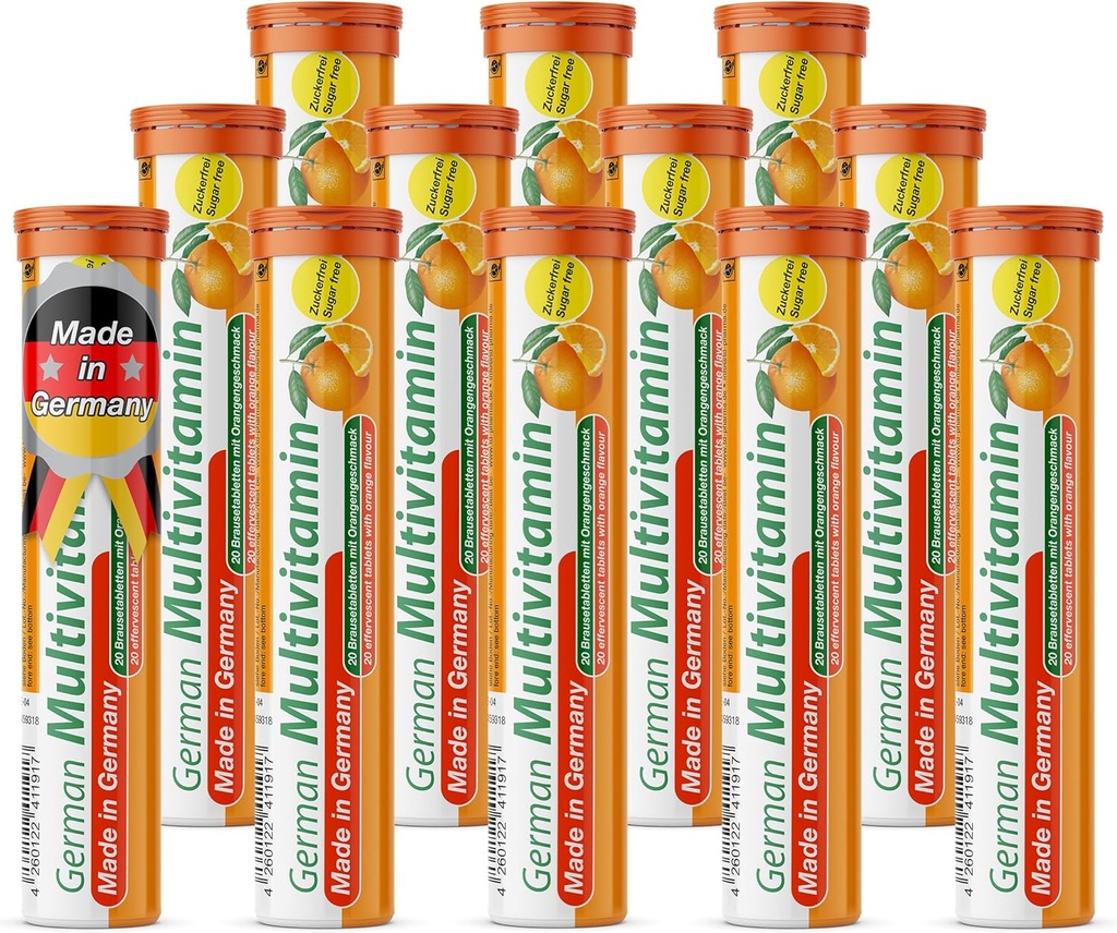 T Pulsera alemana Multvitamin 10 Vitaminas - 240 Tablas de bebidas veganos - sabor naranja - Hecha en Alemania