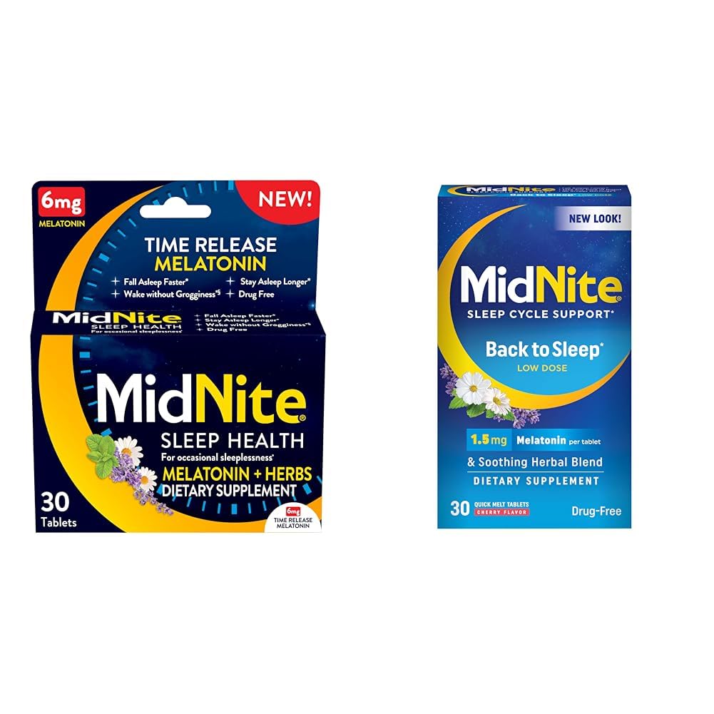 MidNite Time Release 6mg Melatonin 30 Tablets &amp; Volver a dormir 1,5mg Melatonin 30 Cherry Flavored Chewable Tablets Sleep Aid Bundle
