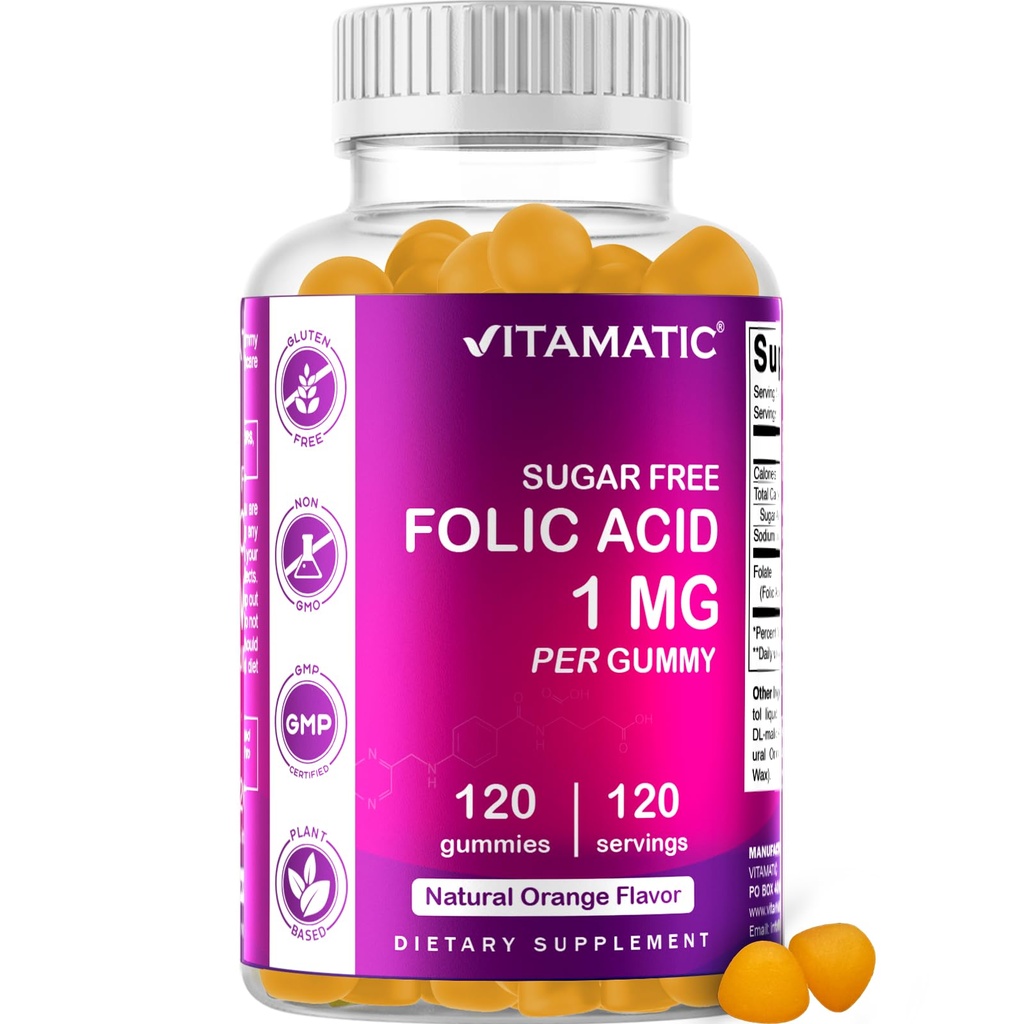 Vitamatic Folic Acid Gummies 1000 mcg (1 mg) - una vitamina prenatal esencial para mamá &amp; bebé - vitamina B9-120 Gummies Vegan (1)