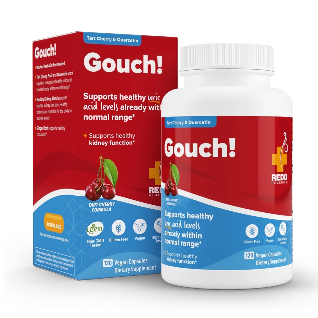Redd Remedies, Gouch!, Supplement Support for Joints and Uric Acid Levels, encouragess a Healthy Inflammatory Response, Tart Cherry " Quercetin, 120 Vegan Capsules