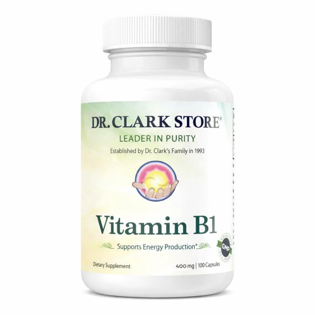 Dr. Clark Vitamina B1 Thiamine 400mg Suplemento -Thiamine B1 Suplemento para el sistema nervioso saludable " Metabolismo energético, libre de gluten, libre de lácteos - 100 cápsulas de gelatina