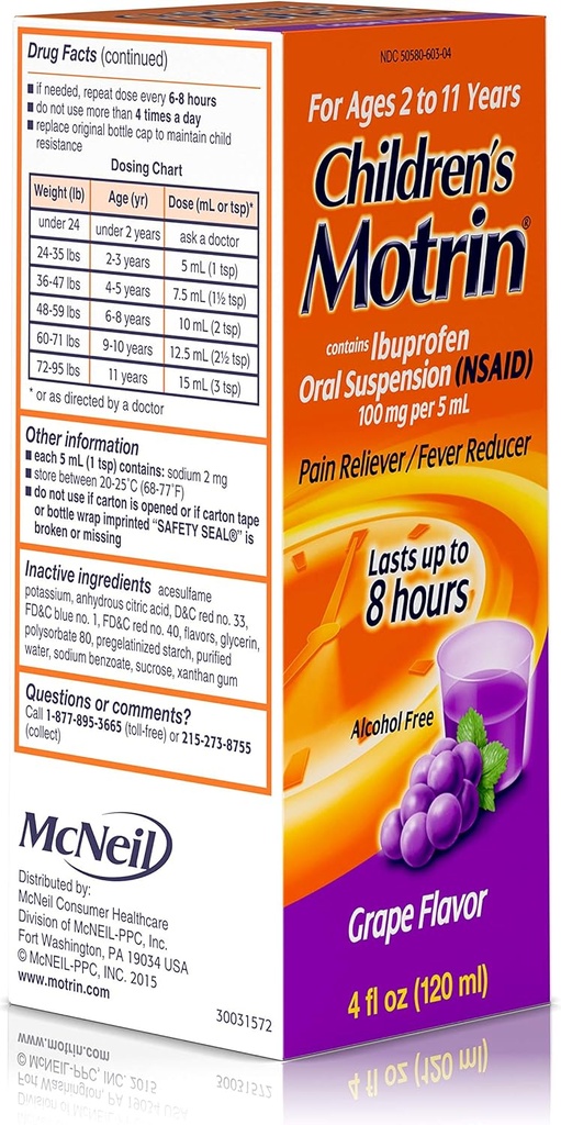 Motrin Children's Oral Suspension Grape Flavor - 4 oz, Pack de 4