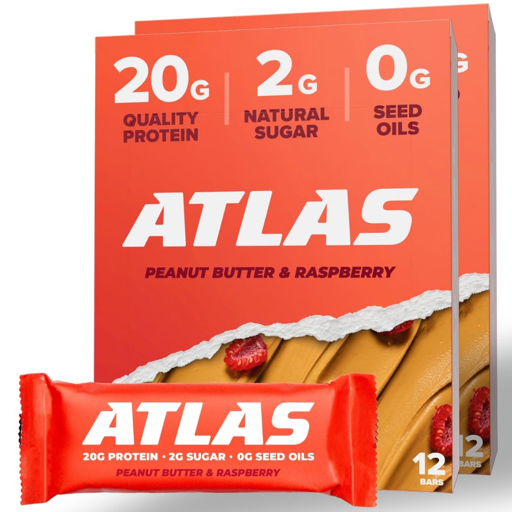 Atlas Protein Bar, 20g Protein, 1g Azúcar, Ingredientes Limpios, Gluten Free (Peanut Butter Raspberry, 12 Conde (Pack of 2))