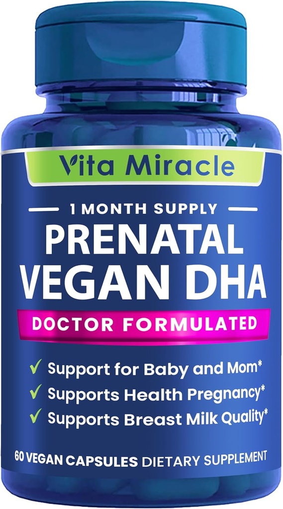 Suplementos de DHA prenatal - Vegan 800mg DHA DPA Planta base Omega 3 - Lo mejor para la salud materna óptima - apoya el desarrollo del cerebro y el ojo bebé prenatal para las mujeres sin aceite de pescado