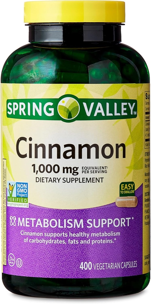 Suplemento dietético de canela de primavera, 1000 mg, 400 conde - Suplementos de canela, cápsulas de canela, canela (Pack of 1)