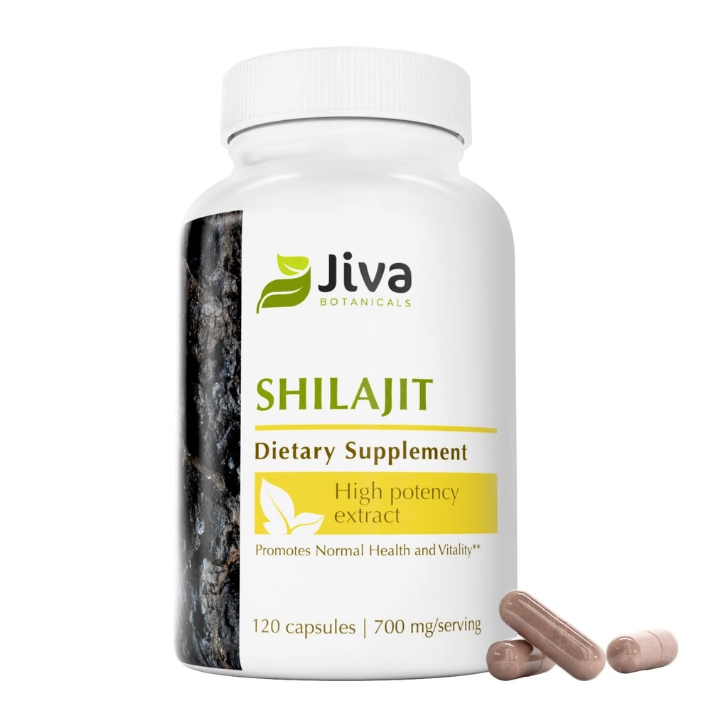 Jiva Botanicals Premium Shilajit Suplemento 700 mg - Shilajit Capsules Extracto con Minerales, Ácido Fulvic/Humic para Apoyo Inmunitario " Salud Digestiva Nomal - 120 Cápsula Vegana (Pack of 1)