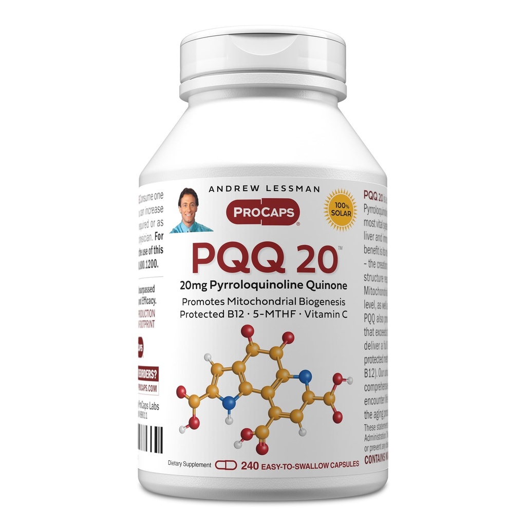 ANDREW LESSMAN PQ 20mg - 240 Capsules - 20mg Pyrroloquinoline Quinone, Natural Protective Compound soporta órganos vitales, corazón, cerebro, hígado, sistema inmunológico. Biogénesis mitocondrial, sin aditivos