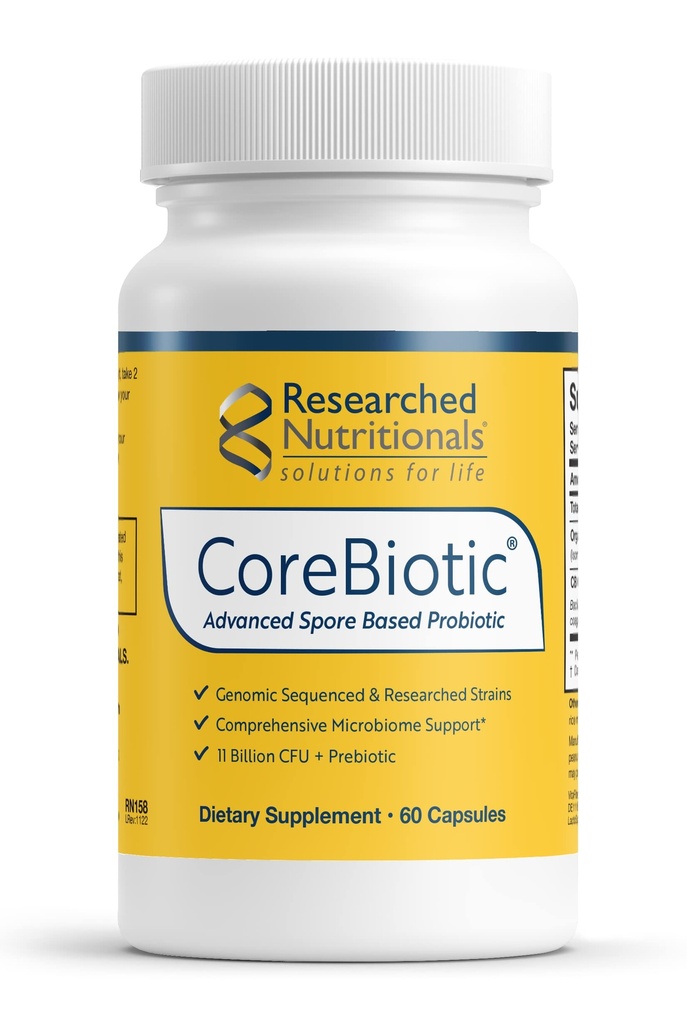 Nutricionales investigados Suplementos de Salud Gut con Prebióticos " Probióticos para Hombres de Mujeres - CoreBiotic - 3 Strains Probióticos Basados en Spore + Fibra Prebiótica Orgánica - Estante-Stable (60 cápsulas)