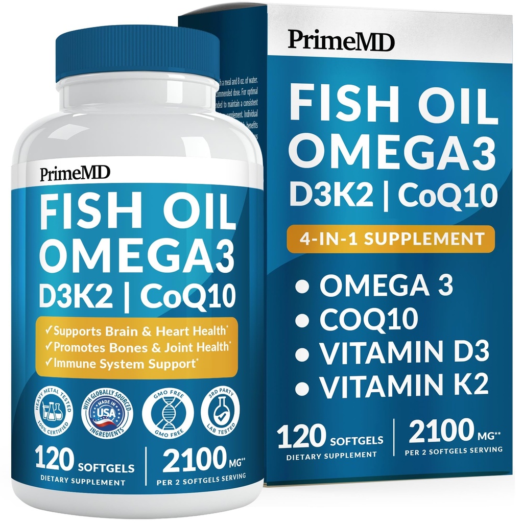 4-en-1 Aceite de pescado Omega 3 Suplementos grasos (2100mg) - Omega 3 Aceite de pescado con vitaminas D3 K2 y CoQ10 - Limón Flavored (120 softgels)