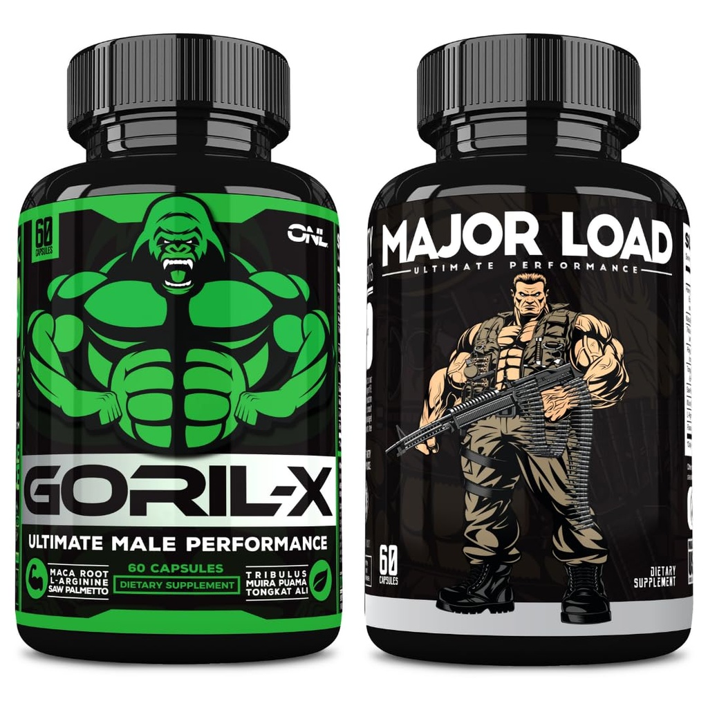 ONL Ultimate Men's Testosterone Booster Bundle - GORIL-X & Major Load Supplements  Enhance Strength, Stamina, and Energy ← with Horny Goat Weed, Maca, Tongkat Ali, Tribulus Silencio 120 Capsules