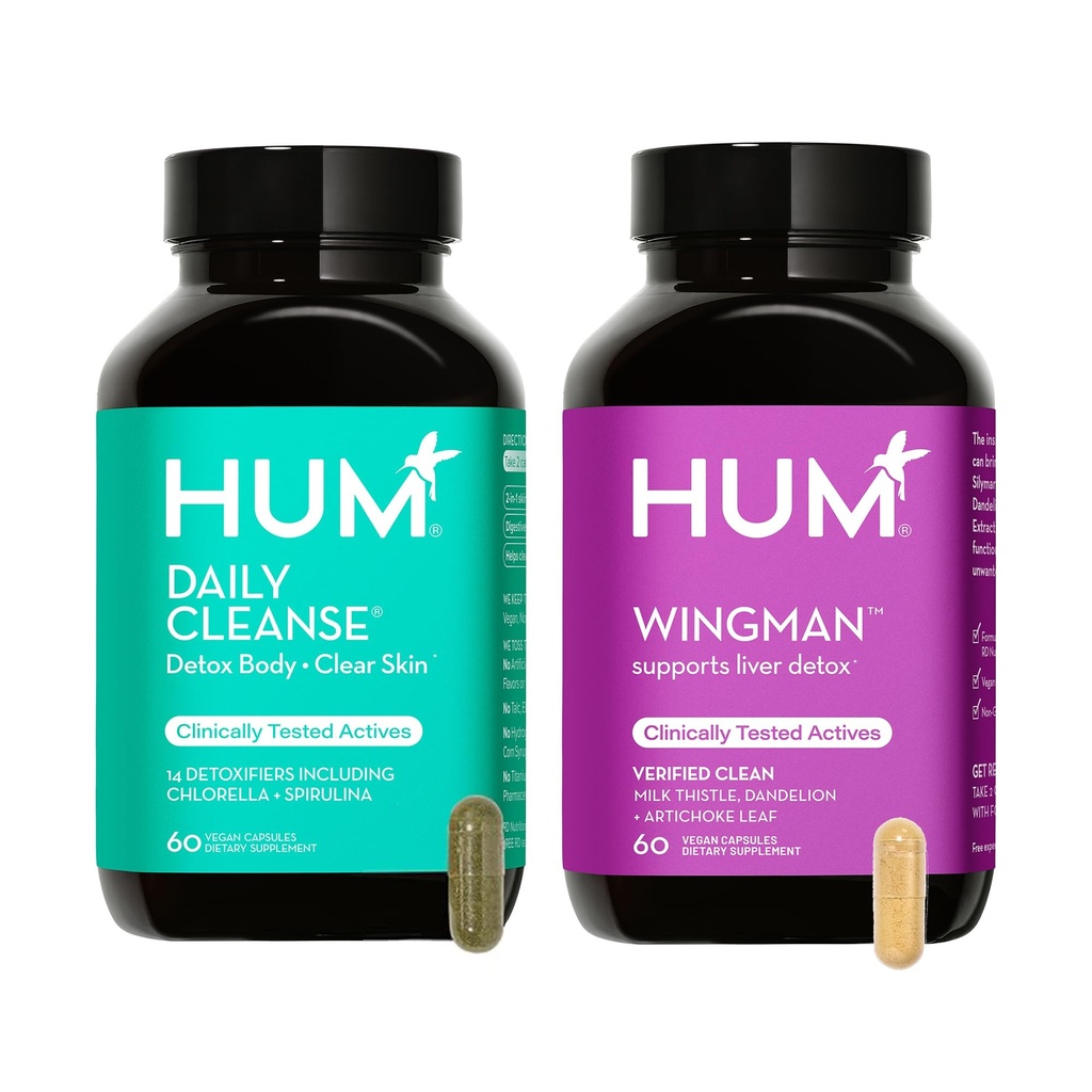 HUM Full Skin and Liver Health Supplement from Nutrition, Wingman and Daily Cleanse A Green Detox &amp; Milk Thistle for Skin Care Support and Liver Health, 2 Pack Bundle, 60 Vegan Capsules