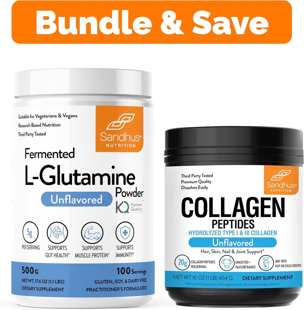 Sandhu's L-Glutamine Powder 100 Servings, 500g, 17.6 Oz., Tamaño grande, 3 Meses Suministro & Collagen Peptides Powder ← Apoya Muscle, Gut Health, Esquí juvenil, Pelo, uñas &amp; movilidad