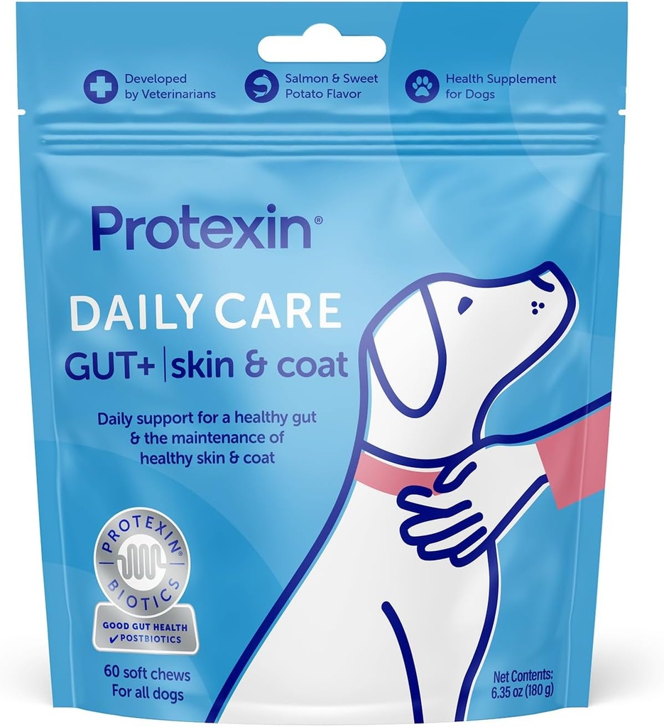 Protexin Daily Care Gut+ Skin " Coat ← 60 Dog Chews, Salmon and Sweet Potato Flavor Dog Supplement ← Probiotics for Dogs, Dog Postbiotics