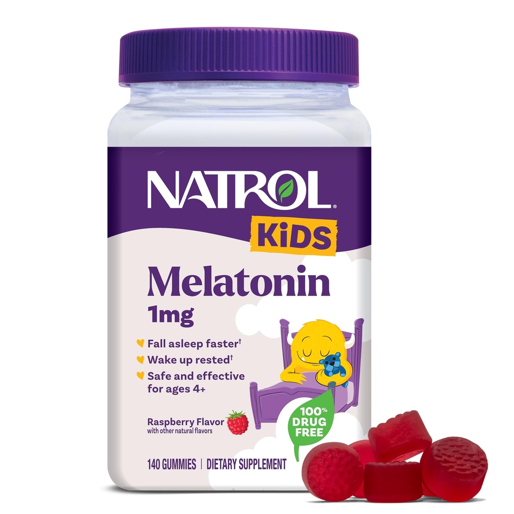 Natrol Kids Melatonin Gummies 1mg, Melatonina infantil para el descanso, 140 Raspberry-Flavored Sleep Gummies, 140 Day Supply