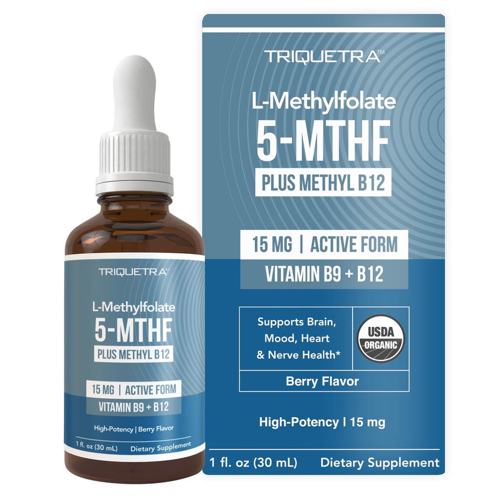 L Methyl Folate 15mg Plus Methyl B12 Cofactor – Organic Berry Flavor, High Potency Liquid Sublingual Active 5-MTHF Form - Supports Mood, Methylation, Cognition – Bioactive Forms Vitamin B9 &amp; B12 (1oz)