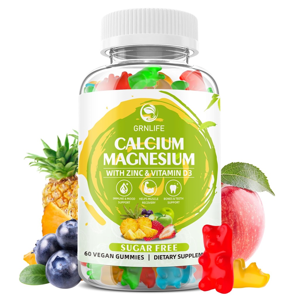 Calcio Magnesio Zinc Suplemento con Vitamina D3, Azúcar Gummies de Calcio Libre para Mujeres Hombres, Alta Potencia Magnesio Gummies para Bone &amp; Muscle & Immune Health, Mixed Flavors - 60 Condes