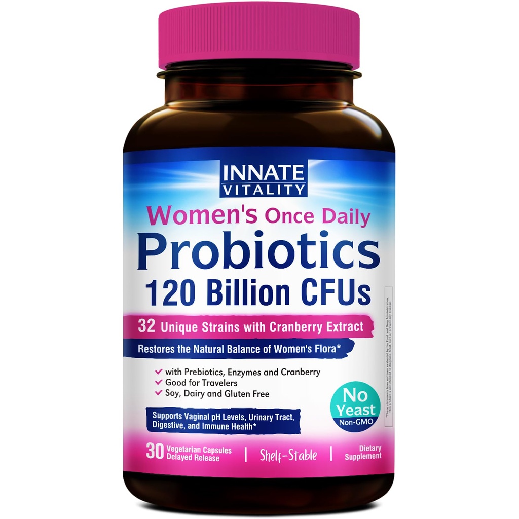 Probióticos femeninos innatos, 120 millones de francos CFU, 32 Strains probados, Probióticos para mujeres, Control de levaduras, Apoyo al pH vaginal, Prebióticos, Enzimas digestivos, Arándano, Una vez Daily 30 cápsulas vegetarianas