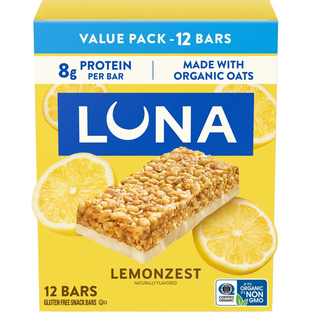LUNA Bar - LemonZest Flavor - Barras de Snack Gratuitas - Non-GMO - Protein Bares - Hecho con Avenas Orgánicas - Value Pack (12 Pack)