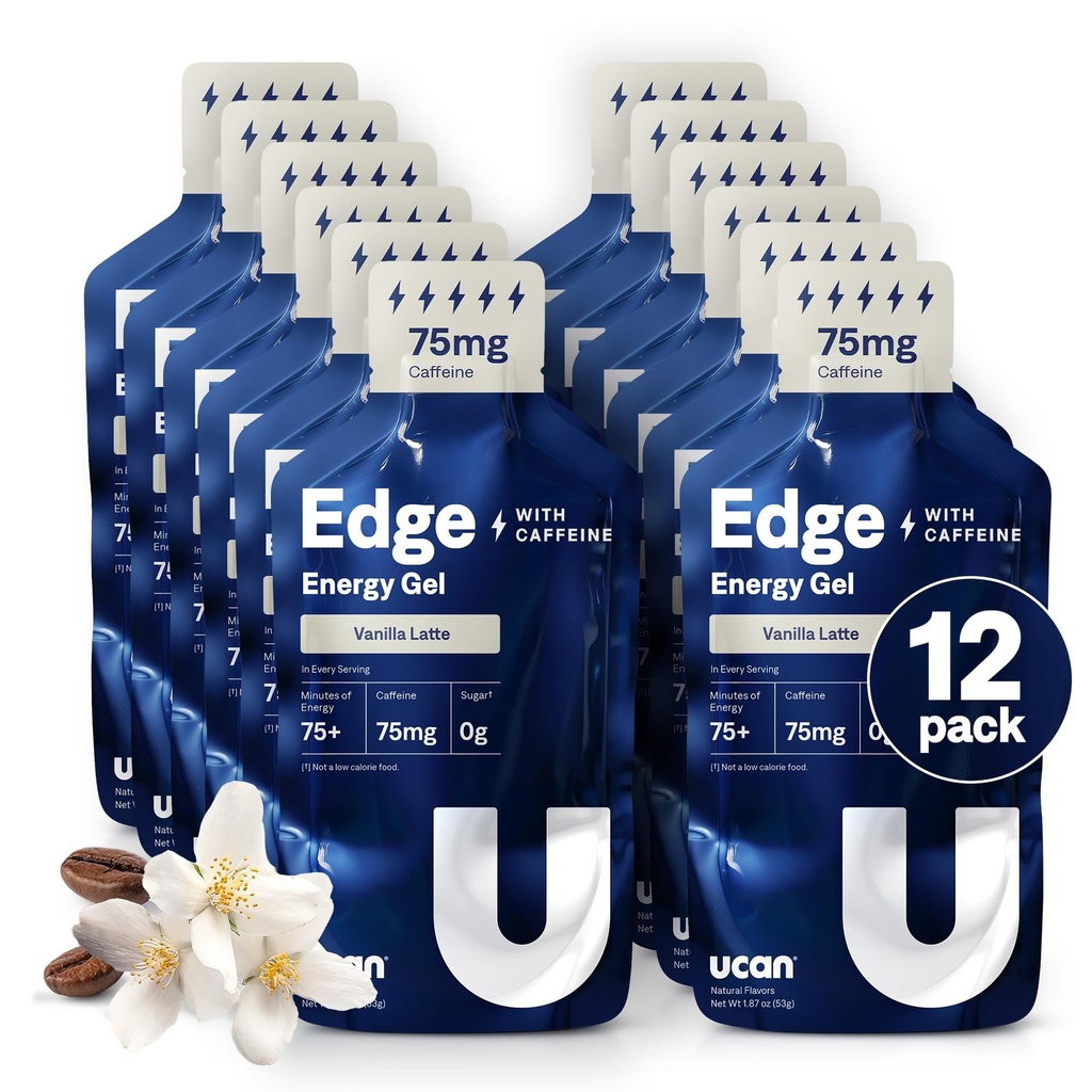 UCAN Edge Energy Gel Shots, Vanilla Latte + Caffeine (12, 2 Ounce Packets) para Running, Training, Workouts, Fitness, Cycling, Crossfit ← Sugar-Free, Vegan, &amp; Keto Friendly Energy