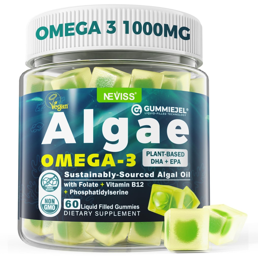 Vegan Omega-3 Gummies for Adults, Fish Oil Alternative from Algae Oil, Plant Based DHA 460mg &amp; EPA 230mg Plus MethylFolate, Vitamina B12, Phosphatidylserine, No Fishy Taste, Vegan, Sugar Free, 60 Cts