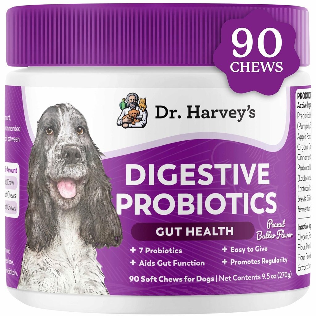 Mandíbulas suaves probióticas del Dr. Harvey para perros, 9 probióticos para la salud de las tripas, la diarrea y el soporte de bolos, sabor de mantequilla de maní (90 chews)