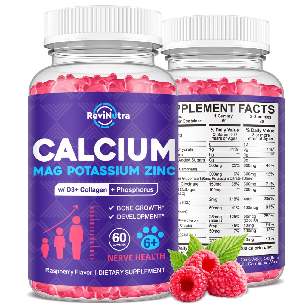 Calcio Potasio Gummies de Magnesio para Adultos Niños, con Collagen Hidrolyzed, Zinc, Phosphorus, Multivitamina para el sueño, fuerza ósea, apoyo a la densidad, libre de azúcar, radio 60 Gummies