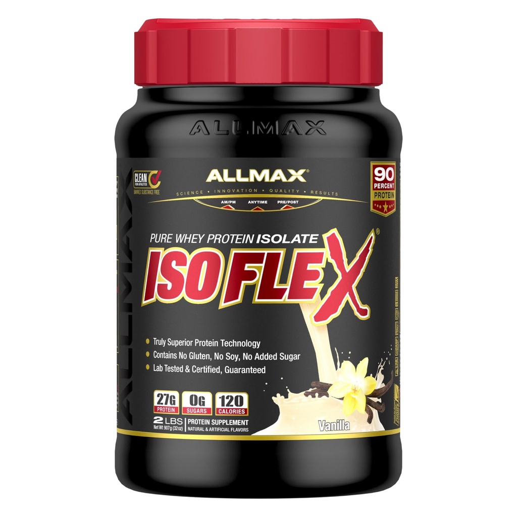 ALLMAX ISOFLEX Whey Protein Isolate, Vanilla - 2 lb - 27 Gramos de Protein Por Scoop - Zero Fat & Sugar - 99% Lactose Gratis - Gluten Free &amp; Soy Free - Aprox. 30 Servimientos