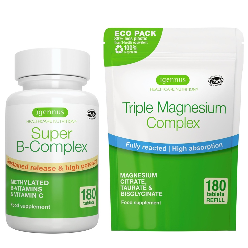 Super B-Complex 180 Tablets + Complejo de Magnesio Triple 180 Tablets Vegan Bundle, Methylated Sustained Release B Complex + Alta Absorción Magnesio Chelated Glycinate, Taurate & Citrate, por Igennus
