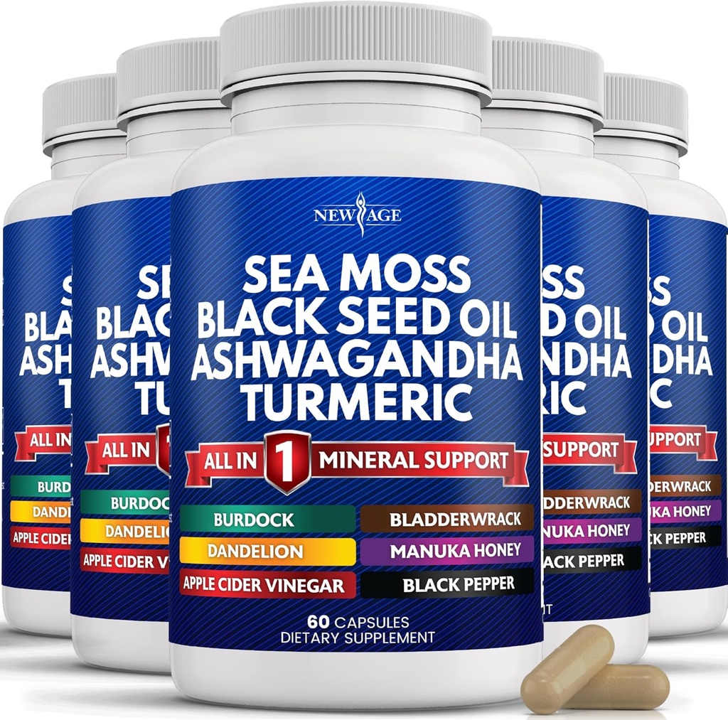 NEW AGE Sea Moss Black Seed Oil Ashwagandha Turmeric Bladderwrack Burdock - con Manuka, Honey Dandelion, ACV Black Pepper Gluten Free