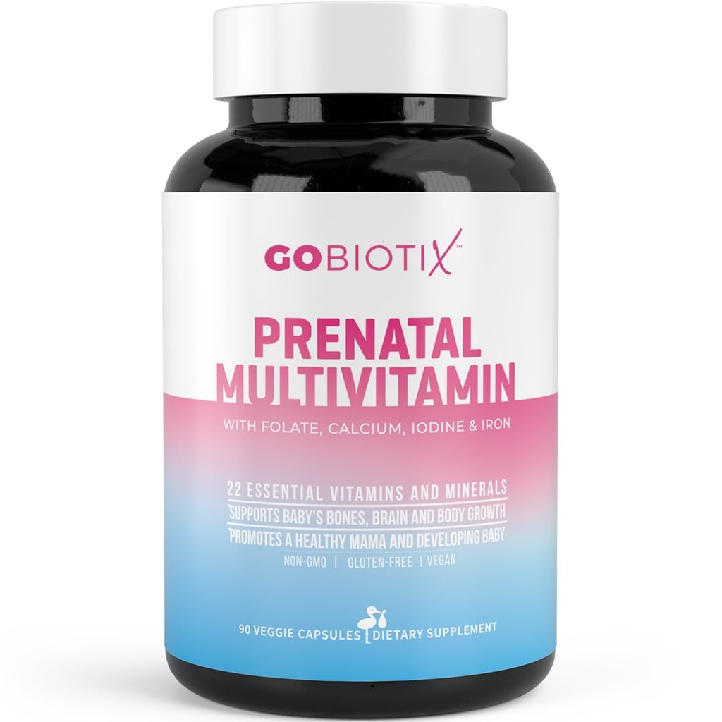 GOBIOTIX Prenatal Vitaminas para Mujeres - Multivitamínico con Hierro, Calcio, Vitamina D2, C, Zinc &amp; Folic Acid for Pregnancy - Pre y Postpartum Essentials - Non-GMO - 90 Capsules