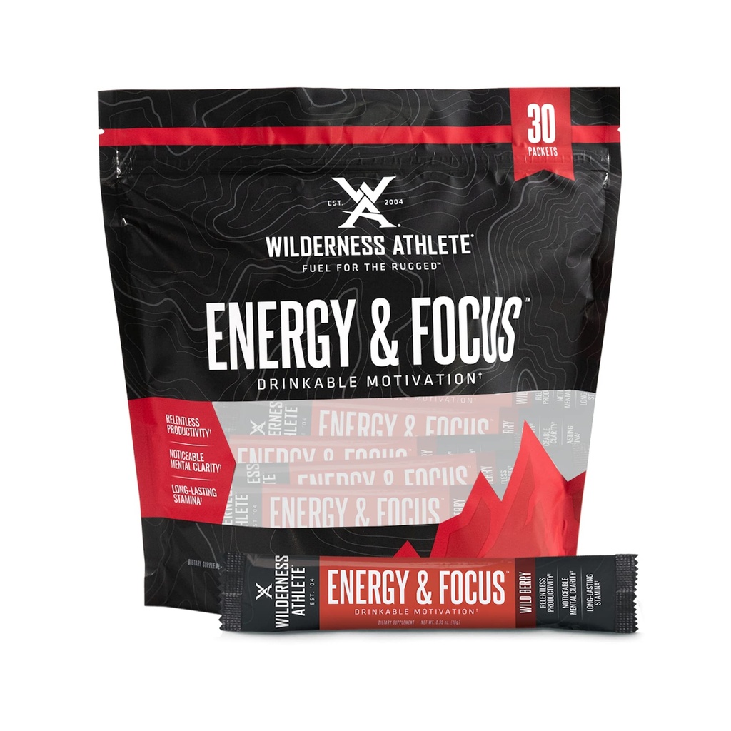 Wilderness Athlete - Energy & Focus TENER Energy Booster for Women &amp; Hombre - Energy Drink Mix with Natural Caffeine - Low-Carb, Zero Sugar Energy Drink Powder - 30 Serving Energy Drink Packets (Wild Berry)
