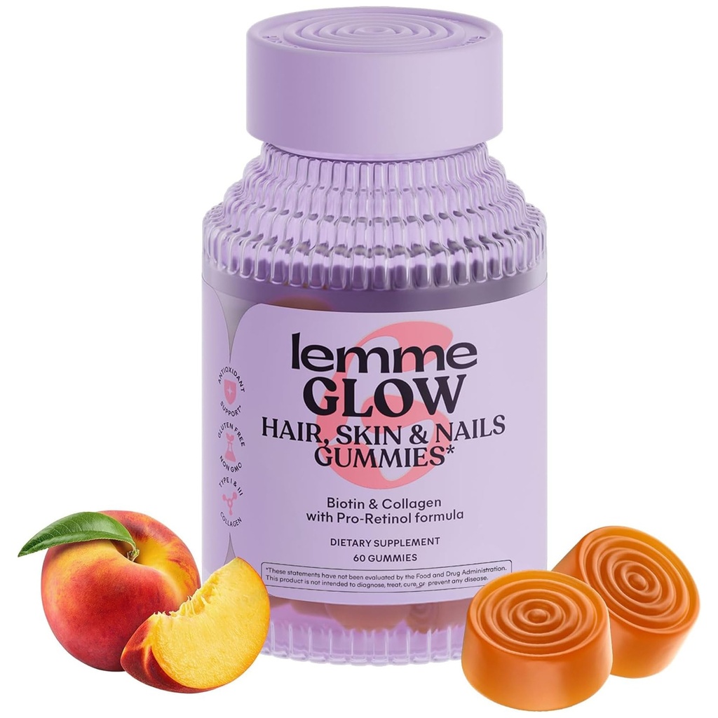 Lemme Glow Collagen Gummies for Thick Hair, Strong Nails & Healthy Skin with Multi-Collagen Peptides, Biotin, Trace Minerals, Zinc, Vitamins A, C &amp; E, Dairy & Gluten Free, Peach Flavor, 60 ct.