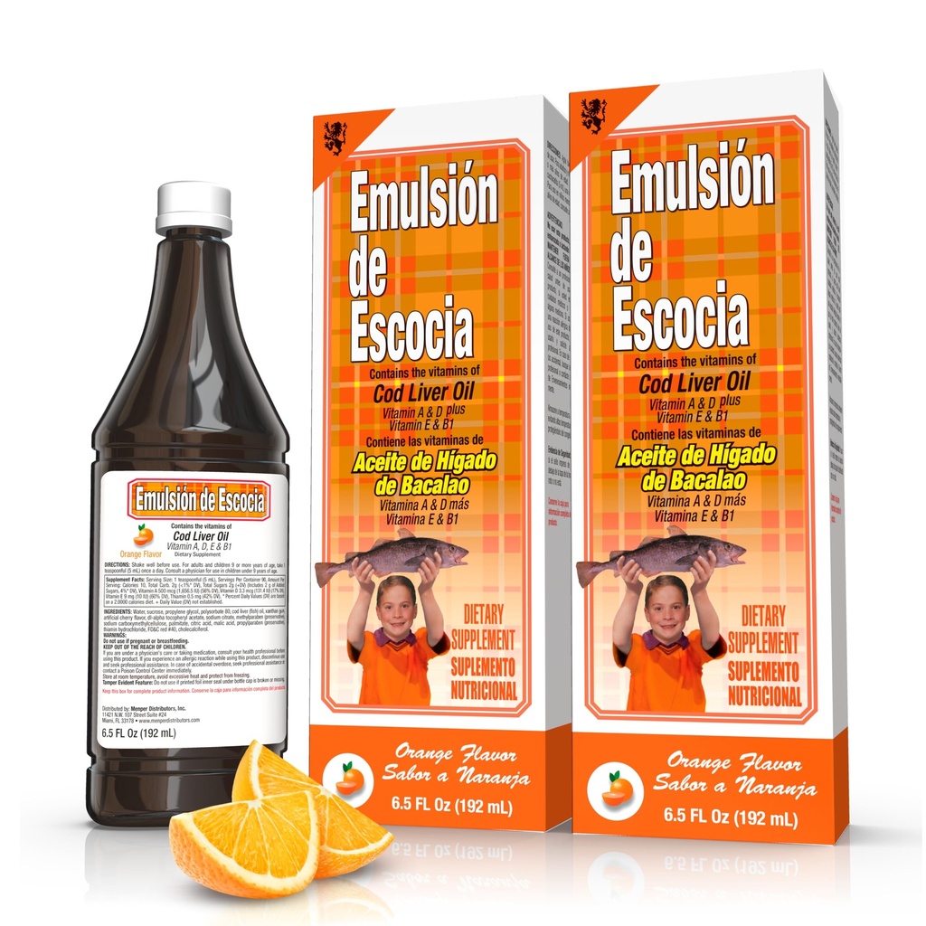 Emulsión de Escocia Cod Liver Oil Complex with Vitamins A, D, E, B1 - Natural Orange Flavor Dietary Supplement for Immune Support &amp; Bone Health - Essential Omega 3 Fish Oil - 6.5 oz (2-Pack)