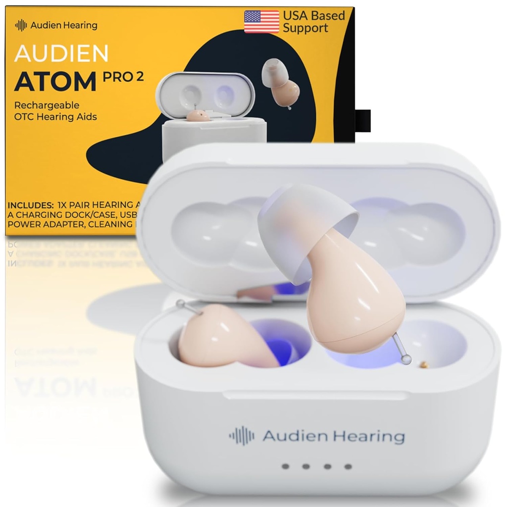 Audien Audien Audiing ATOM PRO 2 Ayudas recargables de OTC, diseño Premium Comfort y casi invisible