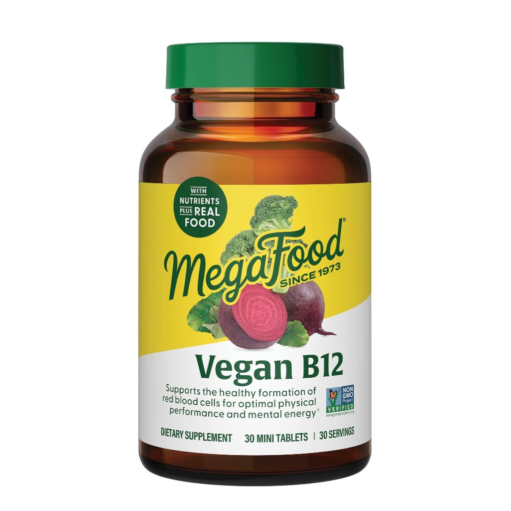 MegaFood Vitamina Vegana B12, Suplemento Vitamina B con vitamina B6, vitaminas B12 y ácido fólico, apoya la producción de energía celular, sistema nervioso Salud " Función cardiovascular - 30 Tabletas